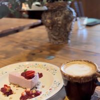 Vegan strawberry cheesecake and soy latte  at Phalam Cafe in Kyoto