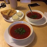 Soup du jour: borscht.  And amazing tasting garlic bread!! at Veggie Bro in Vladimir