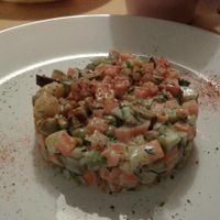 Salad olivier, complete with vegan sausage and vegan mayo.  Quite tasty! at Veggie Bro in Vladimir