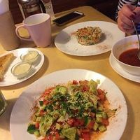 Green salad, salad olivier, garlic bread, and borscht at Veggie Bro in Vladimir