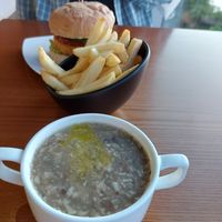 Mushroom soup, fries, Assam satay chickless burger at nomVnom Bistro - Clarke Quay in Central Singapore