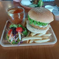 Lion's set - Lion's Mane truffle burger, chips, salad and lemon passion fruit tea at nomVnom Bistro - Clarke Quay in Central Singapore