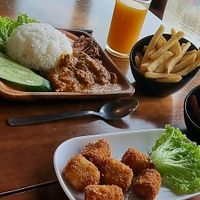 Toon rendang rice (made of mushrooms) and Banana fritters at nomVnom Bistro - Clarke Quay in Central Singapore