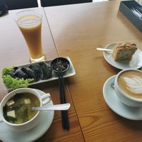 Mushrooms soup, charcoal gyoza, banana cake at nomVnom Bistro - Clarke Quay in Central Singapore