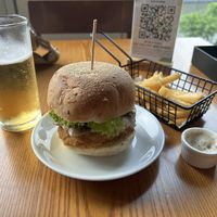 Lion’s Mane burger, truffle fries, non-alcoholic beer  at nomVnom Bistro - Clarke Quay in Central Singapore