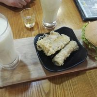 Banana smoothie, Vietnamese yam rolls and the Potato Croquette Burger at nomVnom Bistro - Clarke Quay in Central Singapore