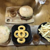 Nom nom burger, golden rings, fries and temptations burger  at nomVnom Bistro - Clarke Quay in Central Singapore