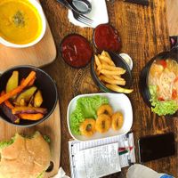 Bit of everything. NomNom burger, pumpkin soup, chips at nomVnom Bistro - Clarke Quay in Central Singapore