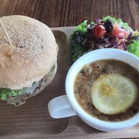 Lion mane burger set 4. Comes with salad and great tasting lemon passionfruit tea.. at nomVnom Bistro - Clarke Quay in Central Singapore