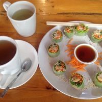 Lemongrass/Ginger Tea & Broad Noodle Wrap w/ Seitan Sausage  at La Carotte Qui Rit in Koh Tao