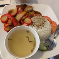 Rice with mock duck and mock pork at Vegie Hut in Box Hill