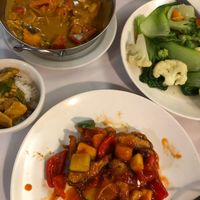 Curry soy chicken, mixed vegetables, sweet and sour fish at Vegie Hut in Box Hill