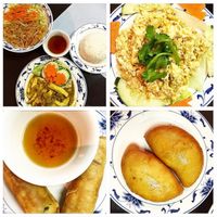 imitation chicken curry, tofu salad, spring rolls and crescent rolls.  at Trang Viet Cuisine in Tampa