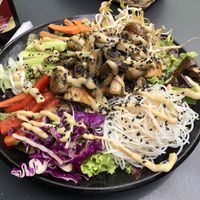 Asian rice noodle salad with mushrooms   at Soya Nutribar in San Salvador