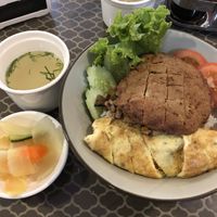 Japanese rice bowl, comes with soup and pickled veggies ($2) at Pidoa Nature in Phnom Penh