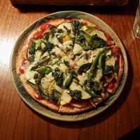 Vegan Pizza topped with tomato sauce, veggies & a vegan cheese made from millet. Very tasty, very realistic taste of cheese, but slightly hard to eat(too much veggies on top) 7/10 at Hiruneko Shokudou in Itoshima