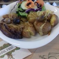 Vegan baked seitan with battered potato at Soul Food in Sintra
