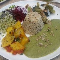 Lunch special of the day, rice, pea puree, yummy potatoes, salad at Baruc Natural in Florianopolis