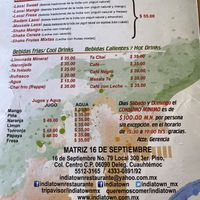 Menu at India Town in Mexico City