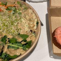 Buddha Sparks bowl with the strawberry and raspberry donuts. at The Juice Box in Lakeland