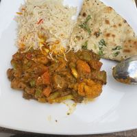 Vegetable curry, pilau rice and naan  at Spice Hut in Quesada