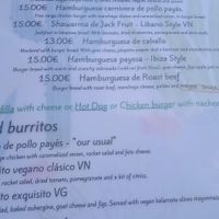 Part of the menu, note VN is Vegan at Caos in Ibiza