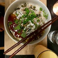 Dhal (lentil curry) with rice and chutney at Orangebox in Munich