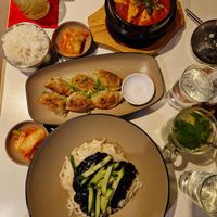 Black bean noodles, fried vegan dumplings, kimchi soup at YamYam in Berlin