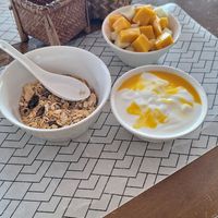 Homemade Yogurt, muesli and fruit (vegan options available too) at Lin's Cafe in Savannakhet