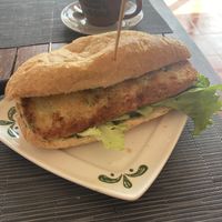 Baguette with veggie croquette (no sauce, no cheese)  at Lin's Cafe in Savannakhet