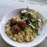 Macnocheese with tempeh balls and a side salad (huge portion and delicious!)  at Veggie Garden in Prague