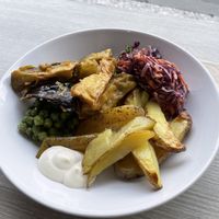 Daily menu - nofish and chips, side coleslaw  at Veggie Garden in Prague