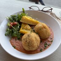 Rice balls with polenta (lunch menu)  at Veggie Garden in Prague