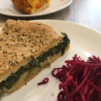 Spinach quiche and pizza quiche all vegan  at Veggie Garden in Prague