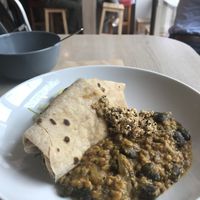 dal with chapati and sezame chutney and cucumber salad at Veggie Garden in Prague
