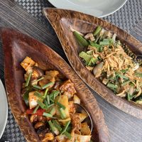 Cashew stir fry with mock duck and black pepper stirfry with mock chicken   at Rice Paddy in Koh Yao Noi