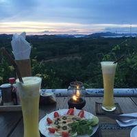 Incredible view. Starter: hummus with pita and pineapple shakes at Rice Paddy in Koh Yao Noi