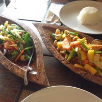 Pad Pak Raum & Vegan Sweet & Sour Seafood with faux prawns at Rice Paddy in Koh Yao Noi