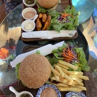 Beyond Burger with sweet potato fries and French fries  at Chaba Cafe and Gallery in Koh Yao Noi