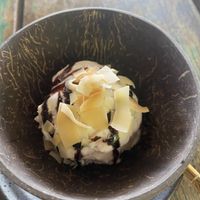 Coconut ice cream with vegan Hershey’s chocolate sauce  at Chaba Cafe and Gallery in Koh Yao Noi