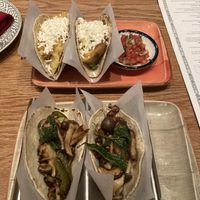 Vegan Hongos tacos (bottom) and vegetarian potato tacos (top)  at China Poblano in Las Vegas