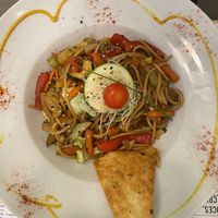 Seitan and veggie pasta (delicious!)  at Yerbabuena - Bordadores in Madrid