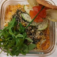 Eggplant moussaka with soy Bolognese sauce at Yerbabuena - Bordadores in Madrid