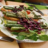 A starter we ordered. Gazpacho on toasted bread under heaps of asparagus, red cabbage, sprouts, and watercress.  Divine! at Yerbabuena - Bordadores in Madrid