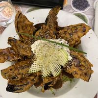 Eggplant tempura with maple syrup  at Yerbabuena - Bordadores in Madrid