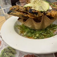 Eggplant tempura with maple syrup  at Yerbabuena - Bordadores in Madrid
