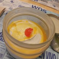 Menu of the day / dessert / mango 🥭 mousse (vegan) at Yerbabuena - Bordadores in Madrid