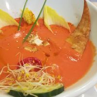 Gaspacho with homemade wheat tortillas, fresh veggies at Yerbabuena - Bordadores in Madrid
