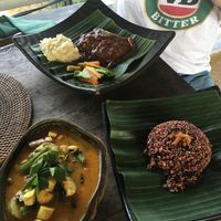 red curry with red rice and the vegan ‘steak’ at AA Juicery Cafe in Ubud