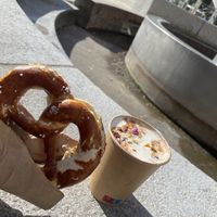 Buttered pretzel and chai tea latte  at Lost Weekend in Munich